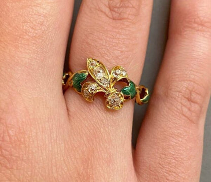 Antique Victorian Fleur de Lis Ring with Old Cut Diamonds and Green Enamel