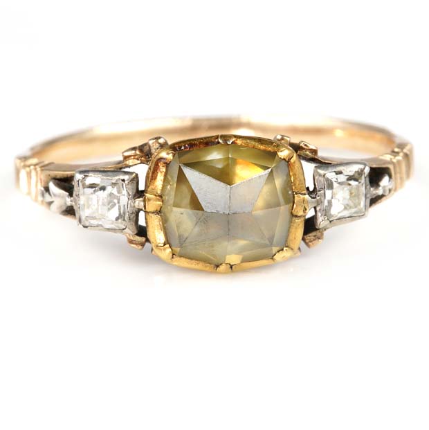 Rare Georgian 2ct Pointed Diamond Solitaire and Table Cut Diamond Trilogy Ring, 2ct high point flanked by table-cut diamonds in silver to rose gold