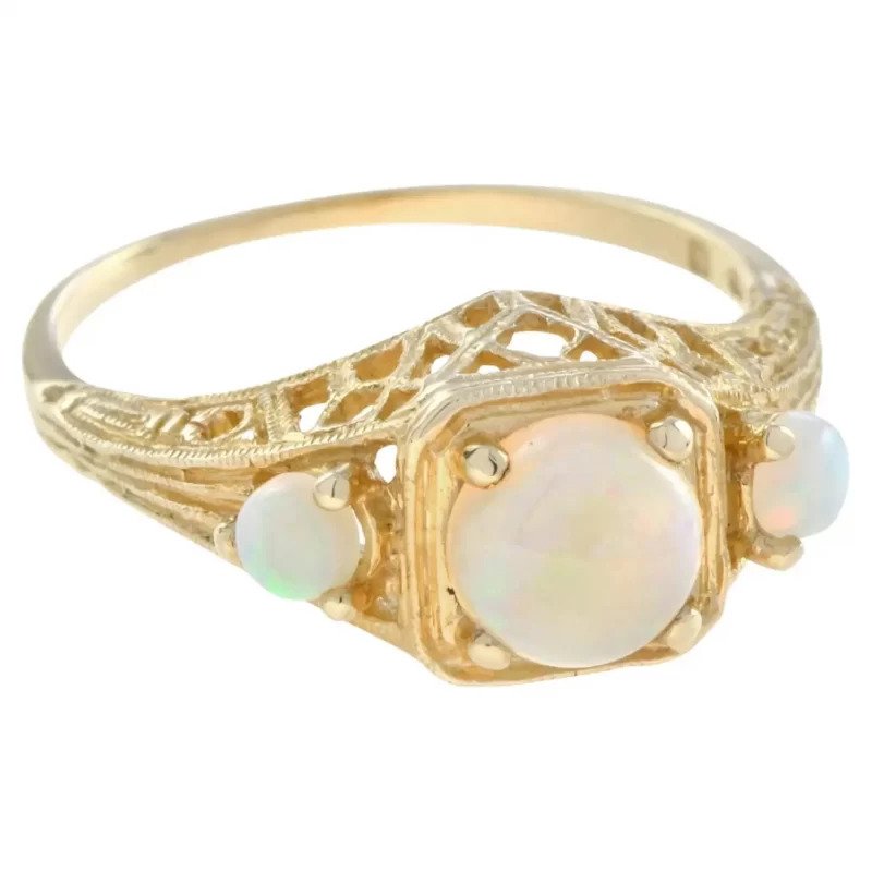 Opal Three Stone Filigree Ring in Yellow Gold