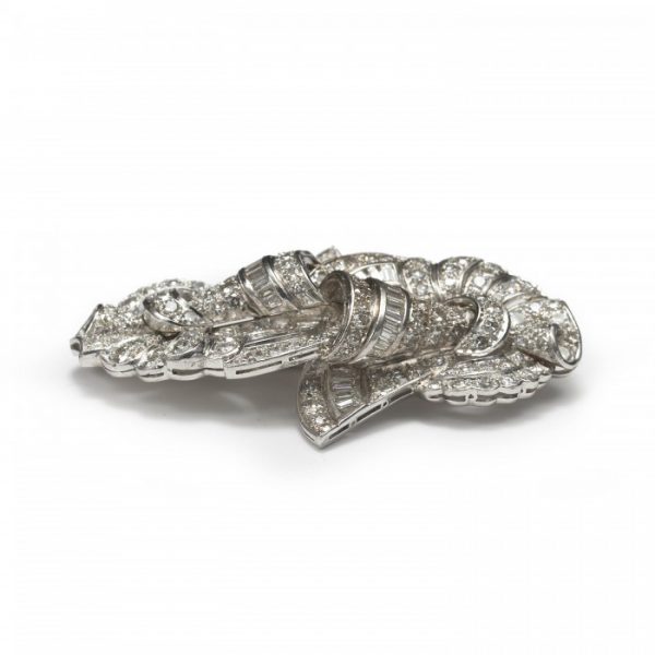 Vintage Diamond and Platinum Brooch, 5.00 carat total, double fan shaped brooch set with round single-cut and baguette-cut diamonds, mounted in platinum, Circa 1950