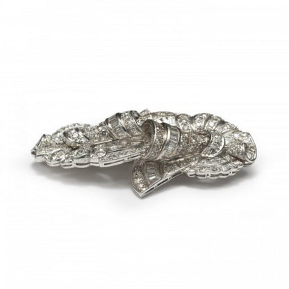 Vintage Diamond and Platinum Brooch, 5.00 carat total, double fan shaped brooch set with round single-cut and baguette-cut diamonds, mounted in platinum, Circa 1950