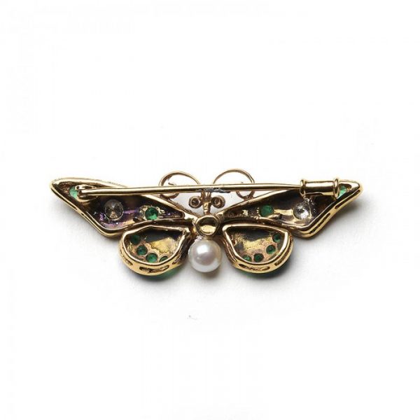 Pink and Blue Enamel Butterfly Brooch with Diamonds Emeralds Pearl