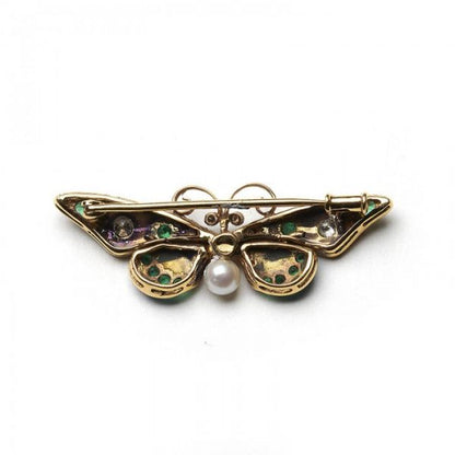 Pink and Blue Enamel Butterfly Brooch with Diamonds Emeralds Pearl