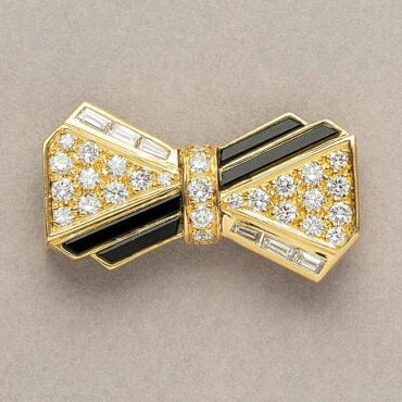 Vintage French Gold Bow Brooch with Onyx and Diamonds By Pery & Fils