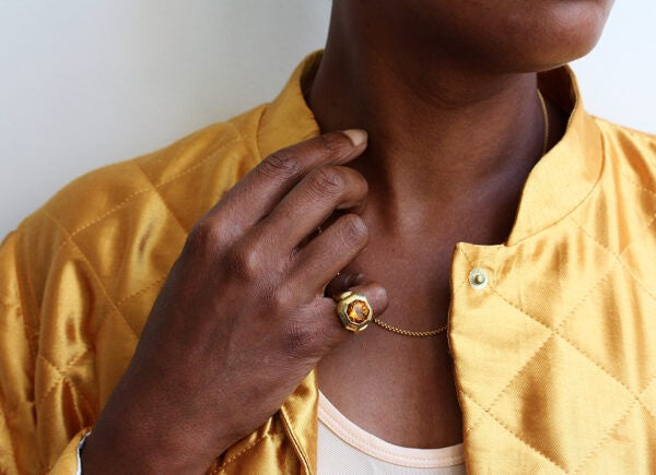 Octagonal Citrine and 18ct Yellow Gold Dress Ring, Signed
