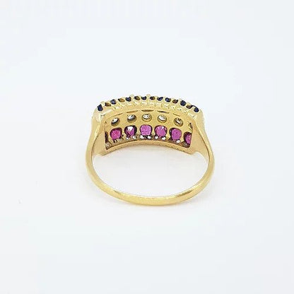 Ruby, Sapphire and Diamond Three Row Cocktail Dress Ring, in 18ct yellow gold