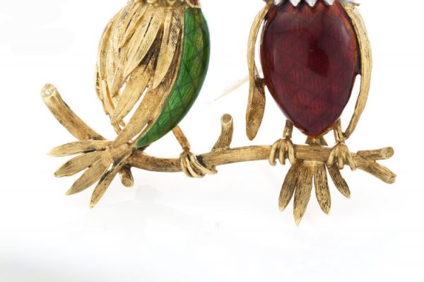 Vintage Enamel, Diamond, Ruby and 18ct Yellow Gold Bird Brooch, Circa 1960s