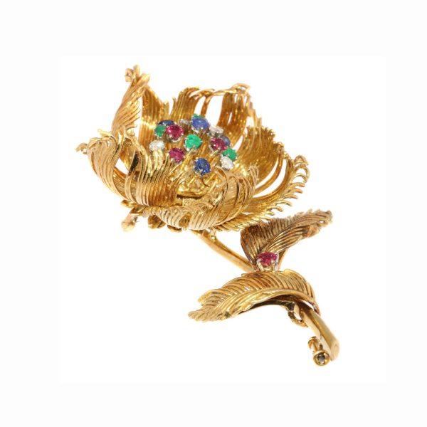 Vintage Cartier Diamond Ruby Sapphire Emerald Flower Brooch, 1950's