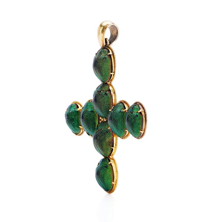 Antique Victorian 15ct Gold Cross Pendant with Taxidermy Scarab Beetle