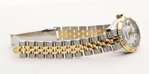 Rolex Oyster Perpetual Lady Datejust 179313 Watch; 26mm steel and gold case, diamond bezel, white face, Roman numerals, date indicator, sapphire crystal, steel and gold Jubilee bracelet, Rolex box and papers