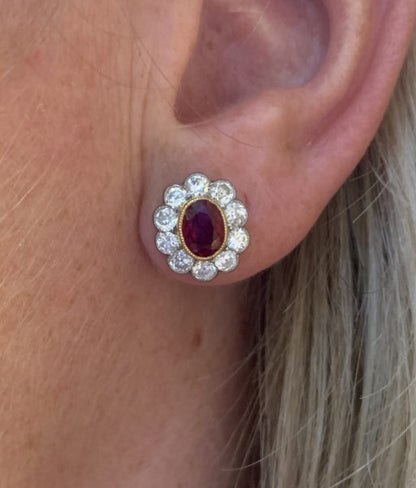 Ruby and Diamond Oval Cluster Stud Earrings in 18ct Gold, 1.60 carats