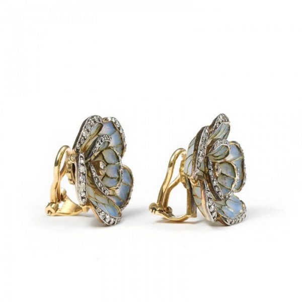 Pale Blue Plique a Jour Enamel and Diamond Flower Earrings
