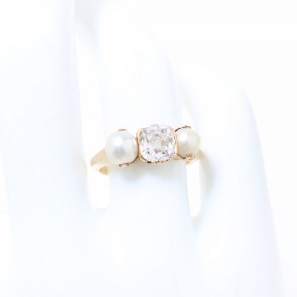 Antique Victorian Old Cushion Cut Diamond and Pearl Three Stone Ring