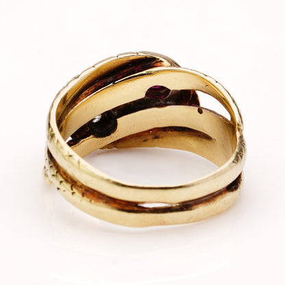 Vintage 14ct Yellow Gold Double Serpent Ring with Ruby and Diamond
