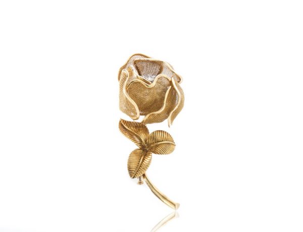 Vintage Cartier Diamond and Gold Rose Flower Moveable Brooch, with articulated petals, 2.25 carat total, Made in France, 1955