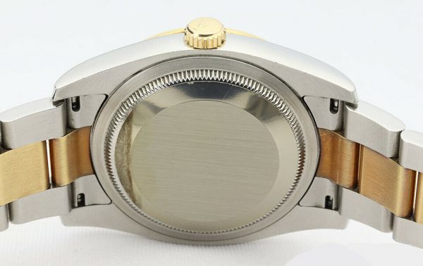 Rolex Mens Datejust 116243 Steel and Gold 36mm Automatic Watch, blue dial, diamond bezel, Two diamond Arabic numerals, screw-down crown, sapphire crystal, Oyster bracelet. With Rolex box and papers, tag and bezel protector.