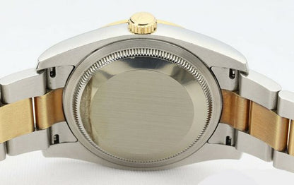 Rolex Mens Datejust 116243 Steel and Gold 36mm Automatic Watch, blue dial, diamond bezel, Two diamond Arabic numerals, screw-down crown, sapphire crystal, Oyster bracelet. With Rolex box and papers, tag and bezel protector.