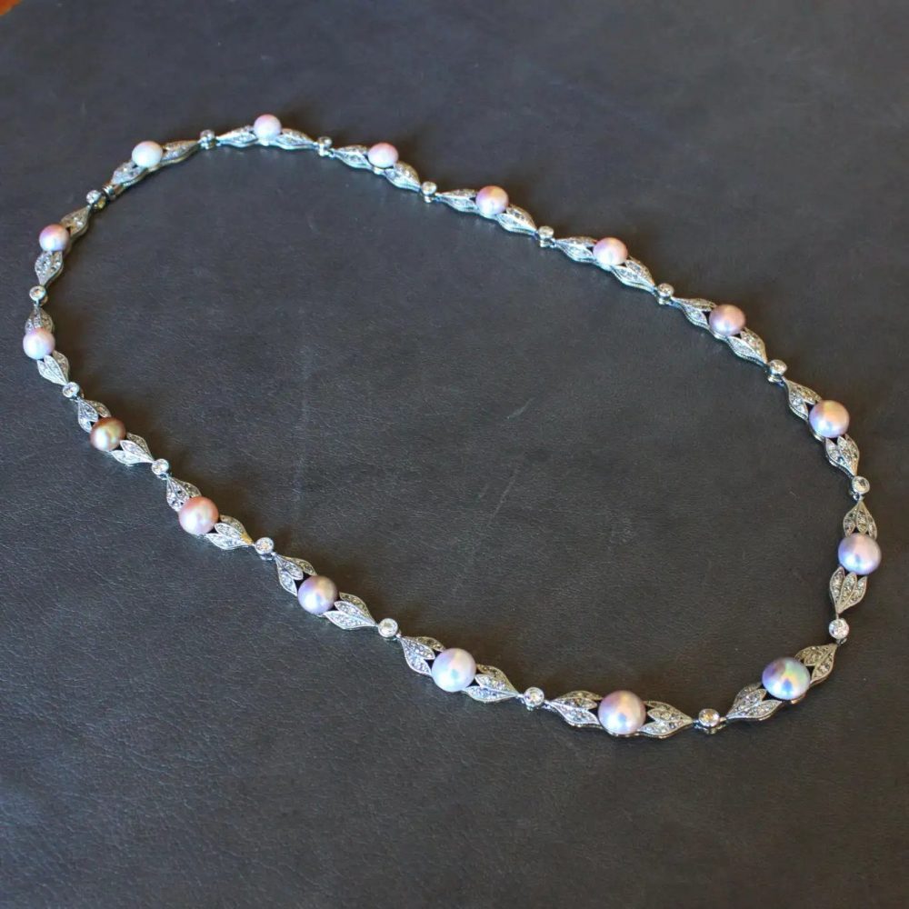 Antique Edwardian Natural Pearl and Diamond Necklace