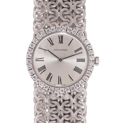 Ladies Vintage Longines 18ct White Gold Watch with Diamond Bezel on a woven design 18ct white gold strap. Circa 1970s