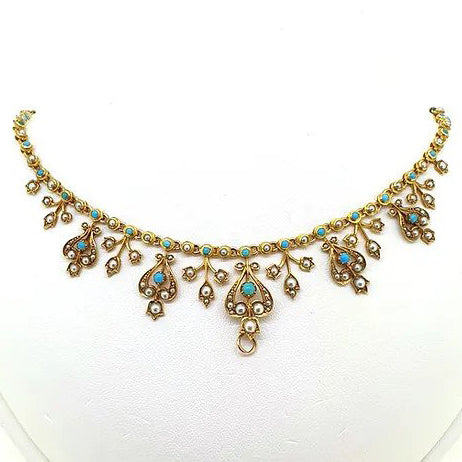 Edwardian Antique Yellow Gold Fringe Necklace with Turquoise and Seed Pearls