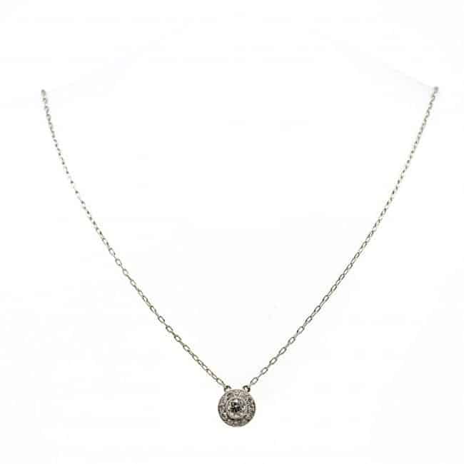 Vintage Art Deco Style Diamond and Platinum Cluster Pendant Necklace; a 0.25ct round brilliant cut diamond surrounded by a halo of diamonds, with chain.