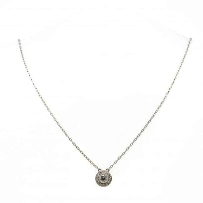 Vintage Art Deco Style Diamond and Platinum Cluster Pendant Necklace; a 0.25ct round brilliant cut diamond surrounded by a halo of diamonds, with chain.