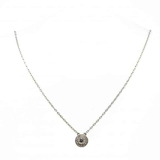 Vintage Art Deco Style Diamond and Platinum Cluster Pendant Necklace; a 0.25ct round brilliant cut diamond surrounded by a halo of diamonds, with chain.