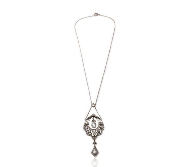 Antique 19thC Diamond Openwork Pendant Necklace, set with 3.83 carats of mixed-cut diamonds, in 15ct yellow gold, Made in England, Circa 1850