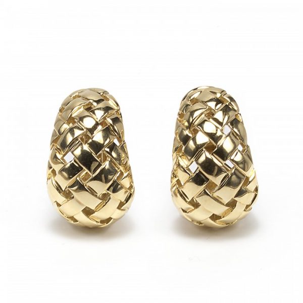 Tiffany and Co Vannerie 18ct Yellow Gold Earrings; pair of vintage Tiffany & Co. gold "Vannerie" earrings, domed lattice design, with post and clip fittings. Stamped T & Co., 1989