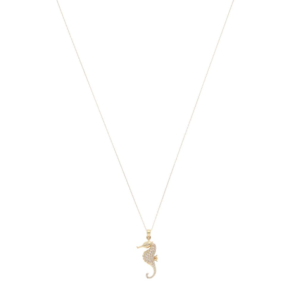 Diamond seahorse pendant necklace in gold.