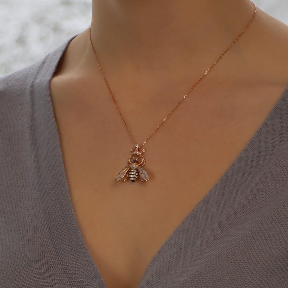 18ct Rose Gold Queen Bee Pendant with White and Black Diamonds
