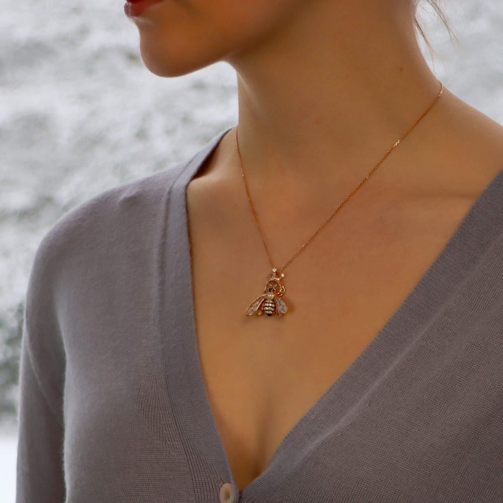 18ct Rose Gold Queen Bee Pendant with White and Black Diamonds