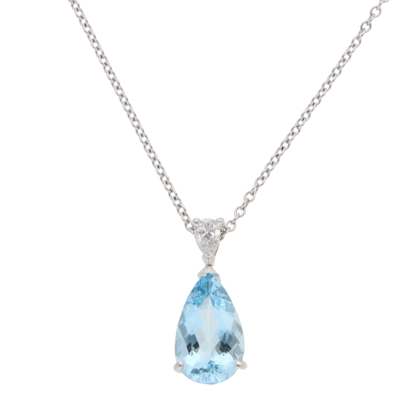 A pear shaped aquamarine and diamond pendant on a white gold chain, on a white background