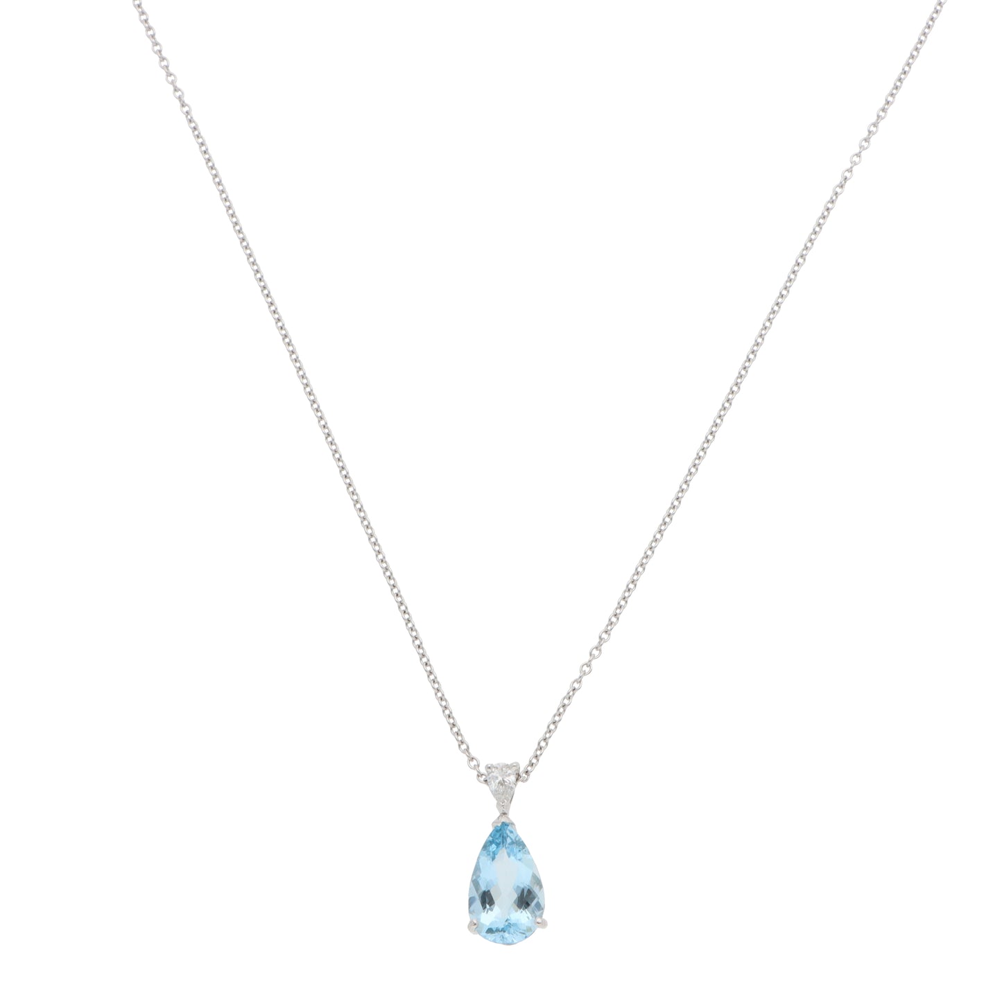 A pear shaped aquamarine and diamond pendant on a white gold chain, on a white background
