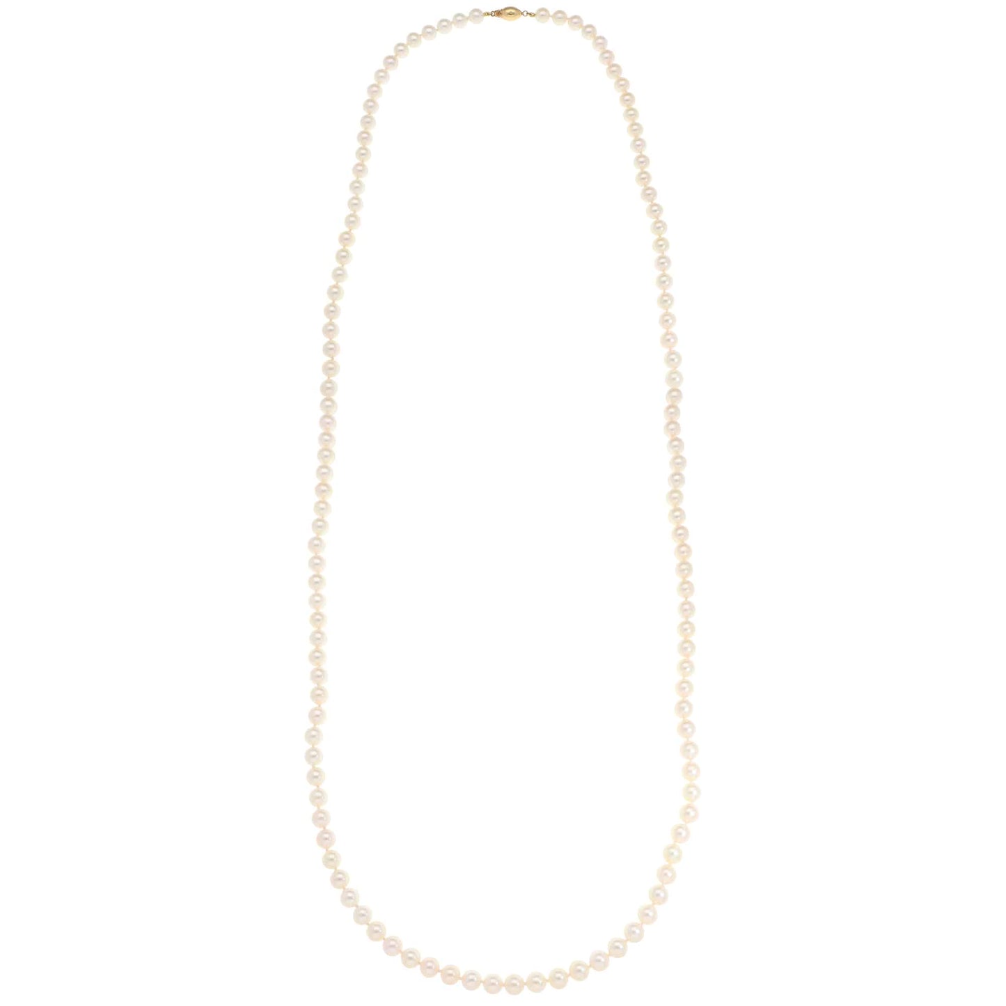 Akoya pearl necklace with a gold barrel clasp.