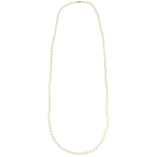 Akoya pearl necklace with a gold barrel clasp.