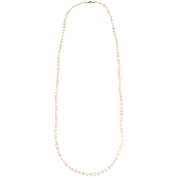 Akoya pearl necklace with a gold barrel clasp.
