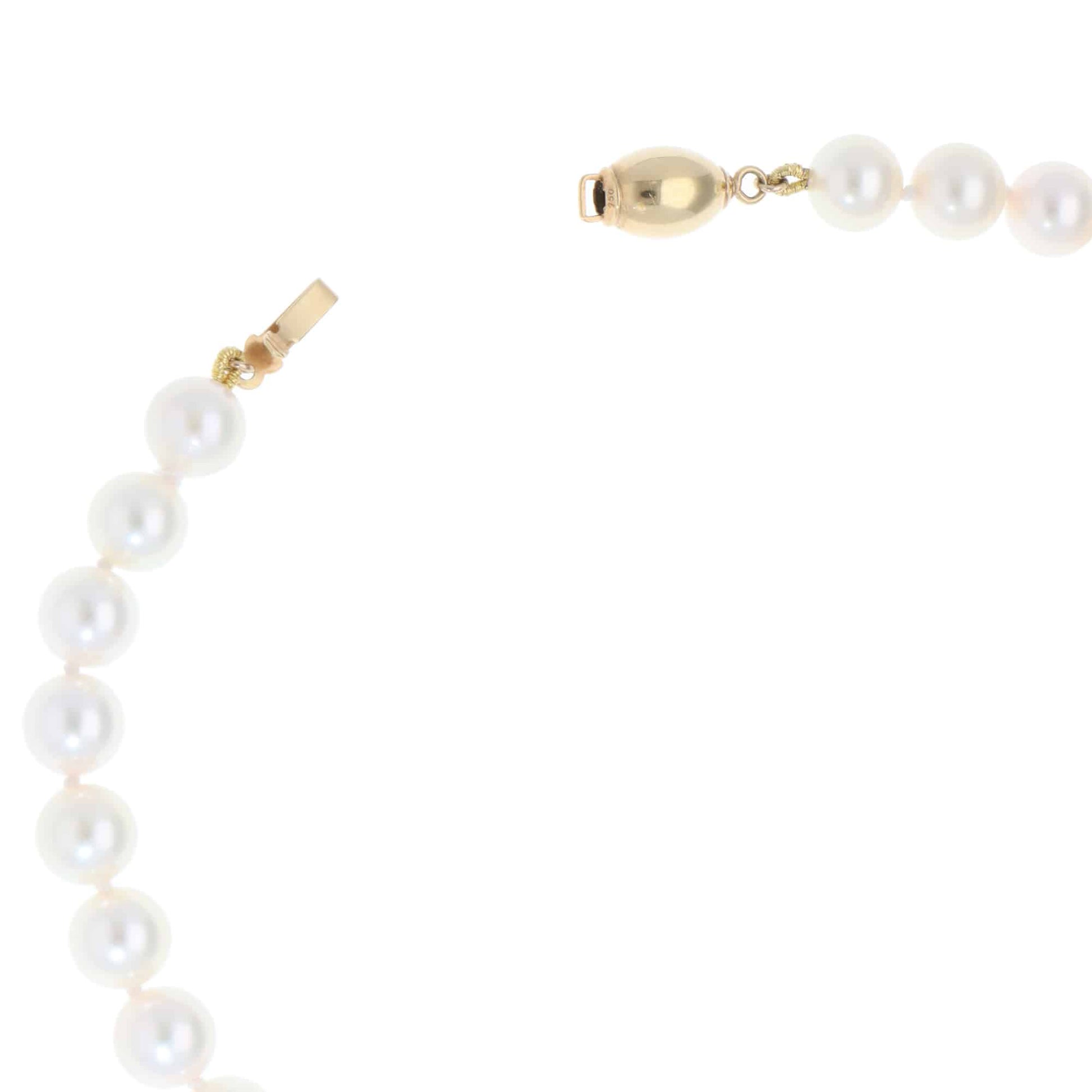 Akoya pearl necklace with a gold barrel clasp.