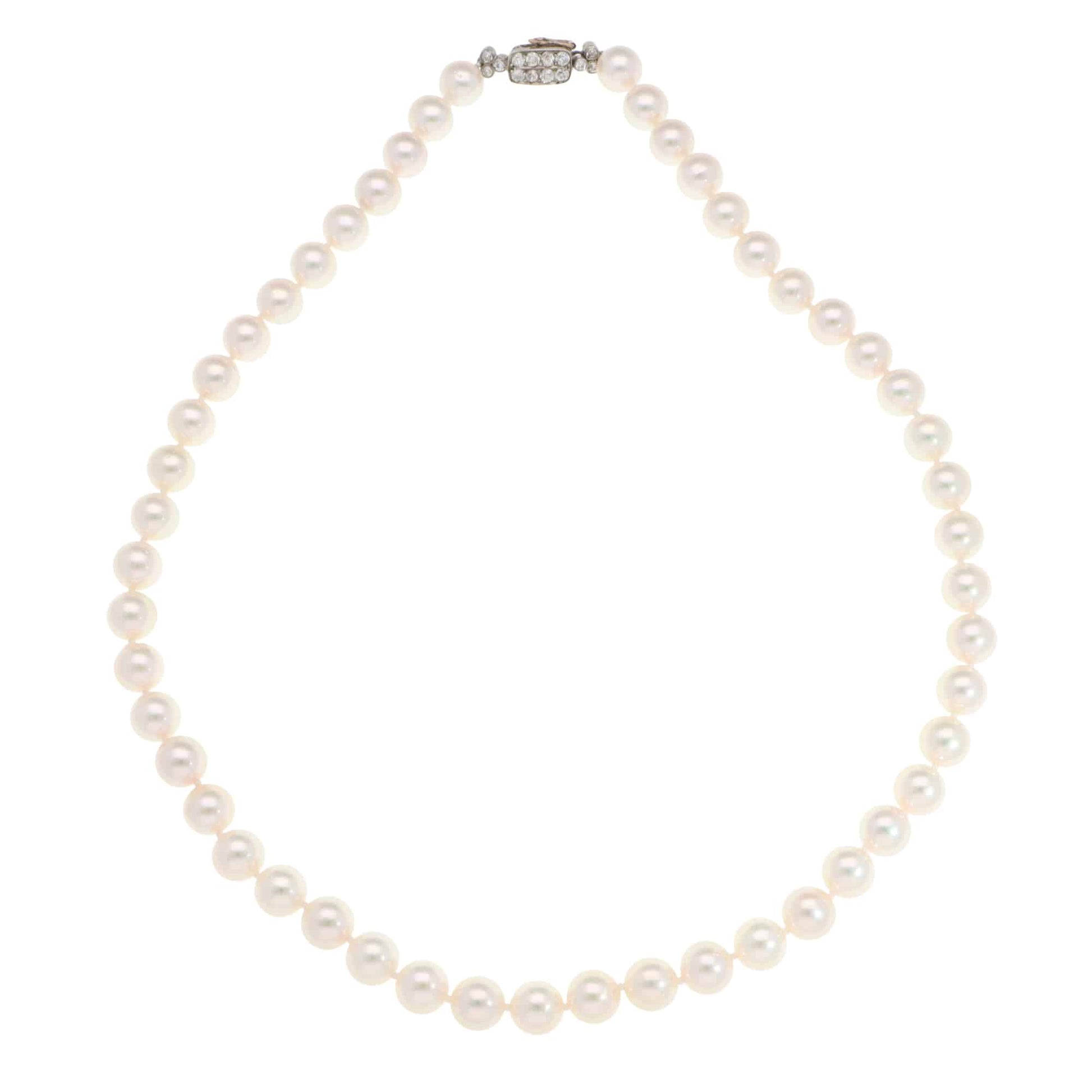 Akoya Pearl Strand Necklace With Vintage Art Deco Diamond Clasp
