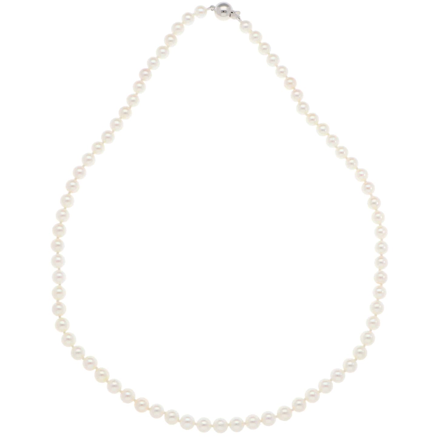 A white pearl single row necklace with a white gold clasp, on a white background