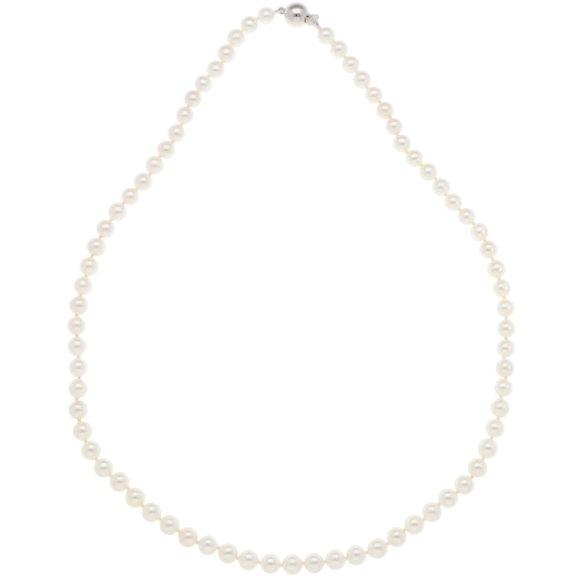 A white pearl single row necklace with a white gold clasp, on a white background