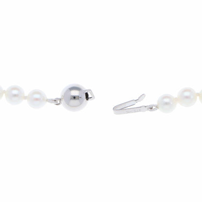 A white pearl single row necklace with a white gold clasp, on a white background
