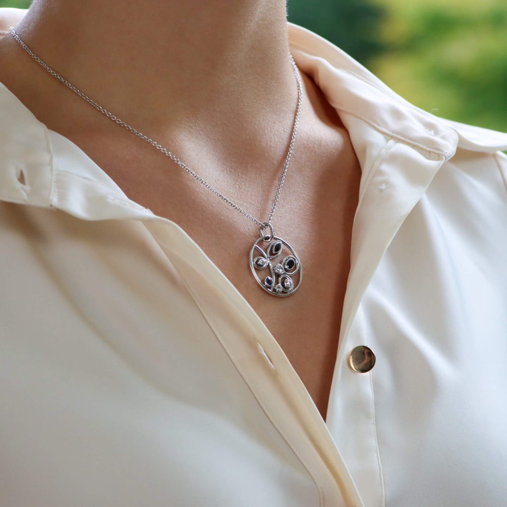 Contemporary 18ct White Gold Openwork Floral Pendant with Sapphires and Diamonds
