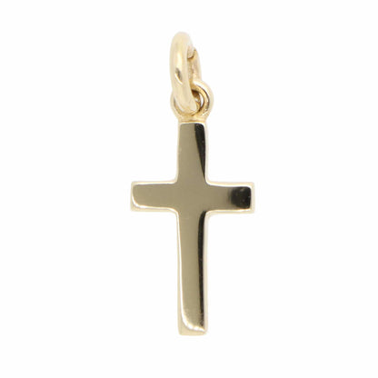 A plain yellow gold cross pendant, on a white background