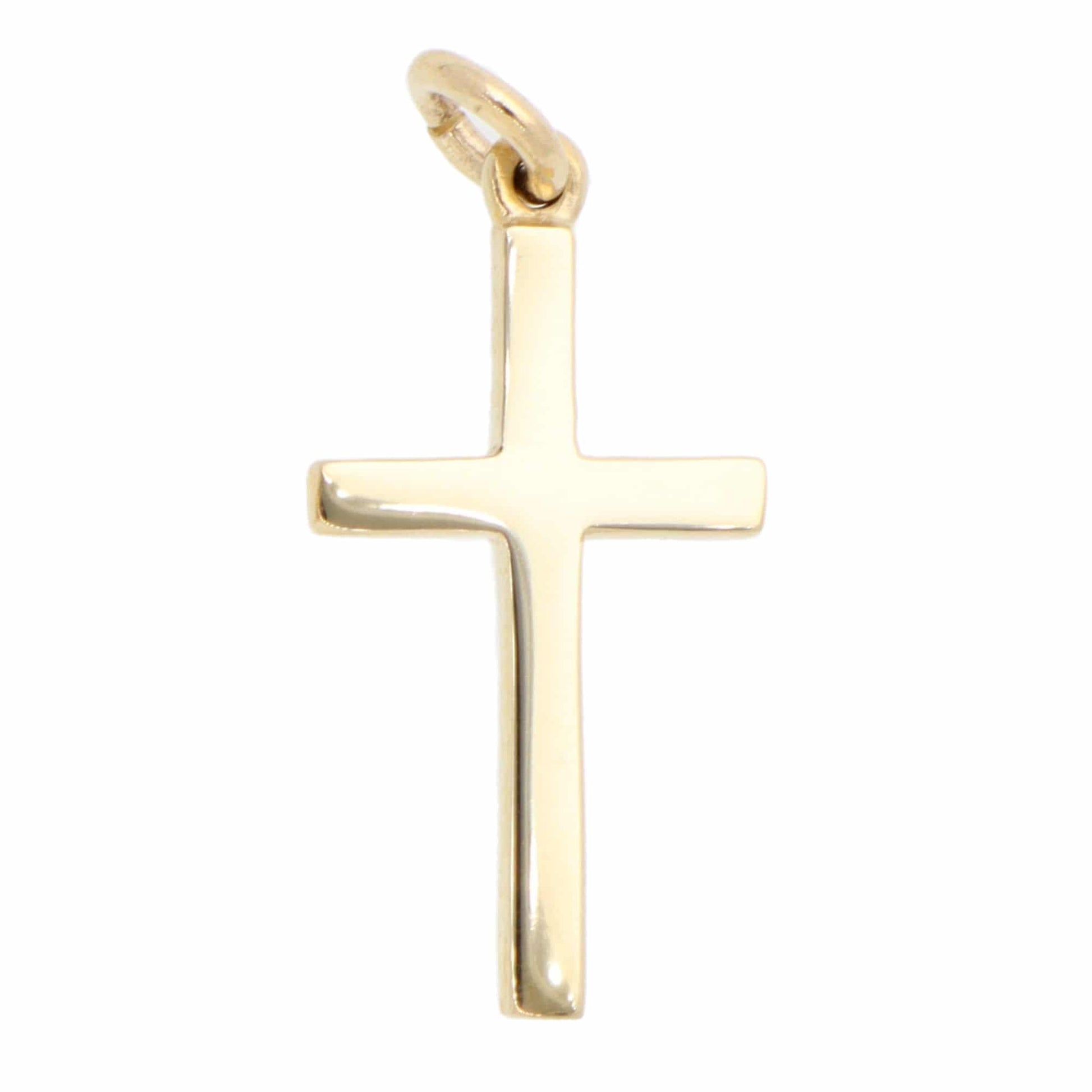 A plain yellow gold cross pendant, on a white background