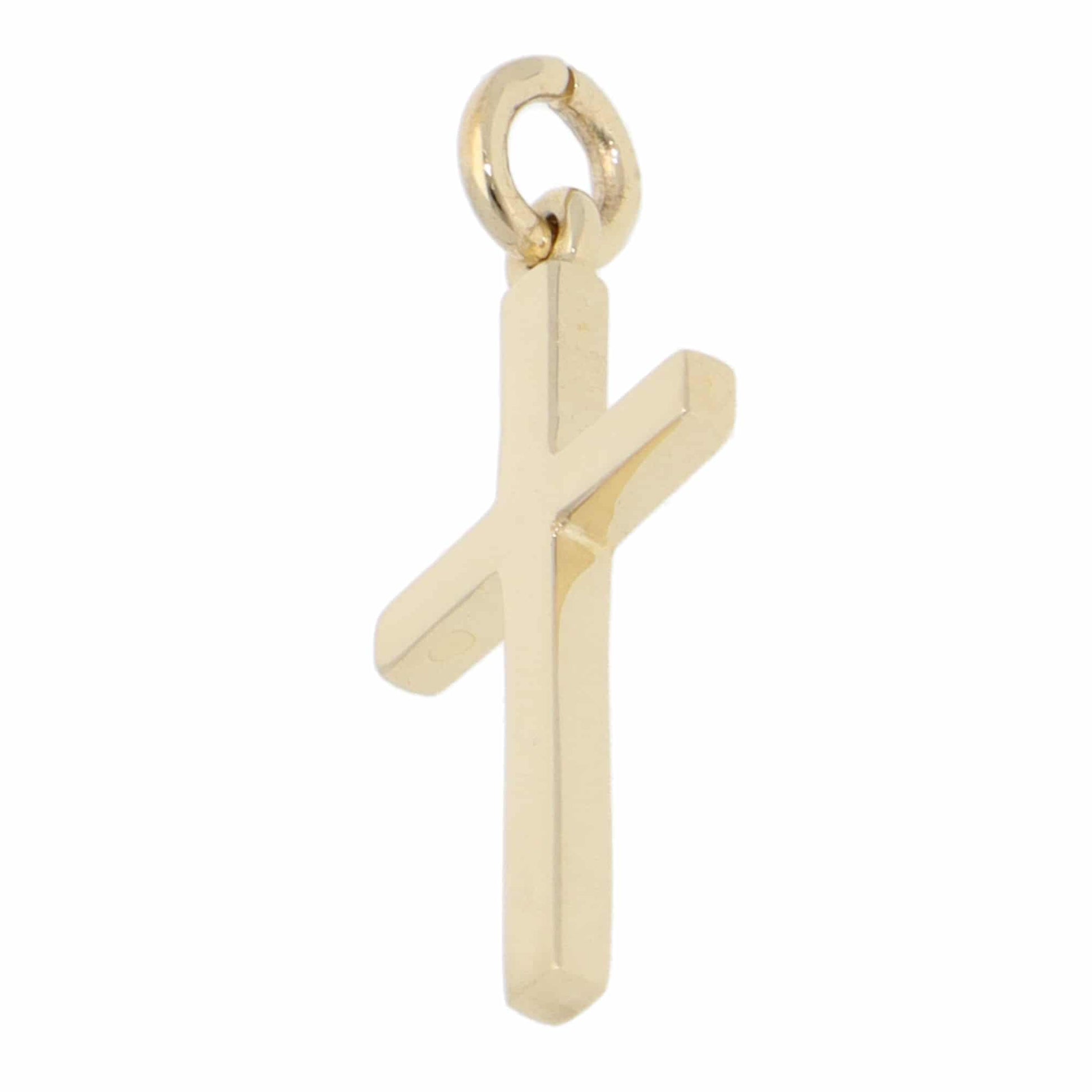 A plain yellow gold cross pendant, on a white background