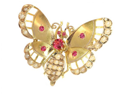 Antique Late Victorian Gold Seed Pearl Butterfly Brooch