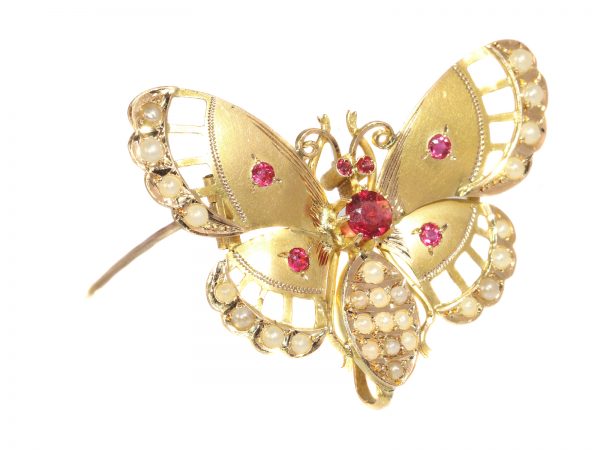 Antique Late Victorian Gold Seed Pearl Butterfly Brooch