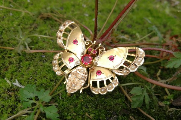 Antique Late Victorian Gold Seed Pearl Butterfly Brooch