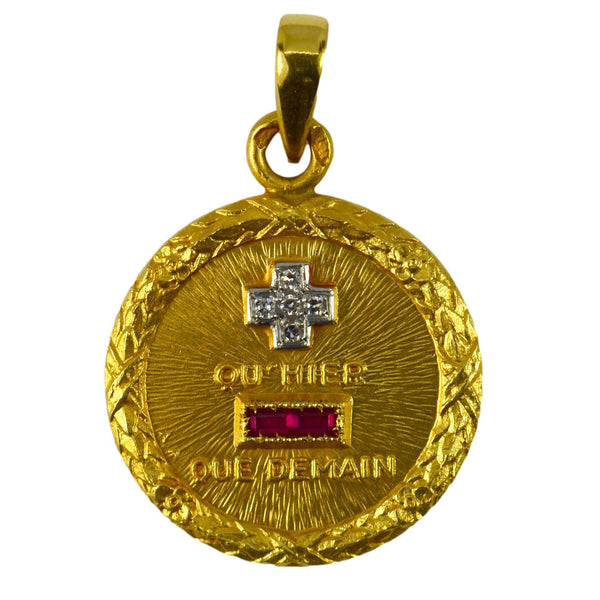 French Ruby, Diamond and Gold Love Charm Pendant, Signed Augis